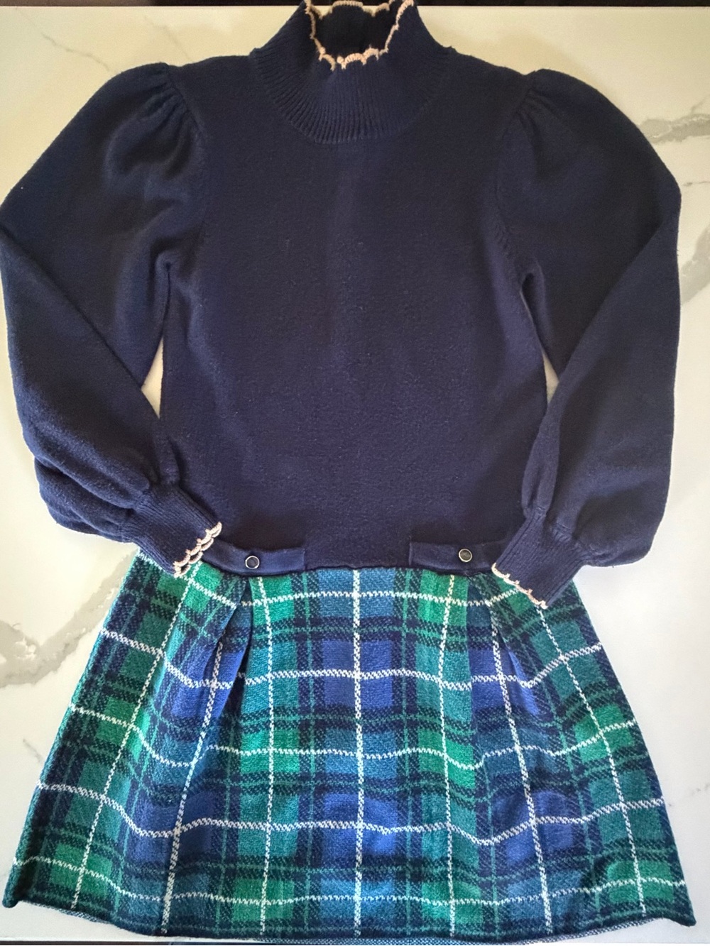 Janie and Jack Navy Mock-Neck Puff Sleeve Sweater with Green & Blue Plaid Skirt